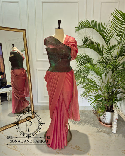 Desi Girl Vibe - Metallic Bronze & Jade Green Pre-pleated Saree - SA01806