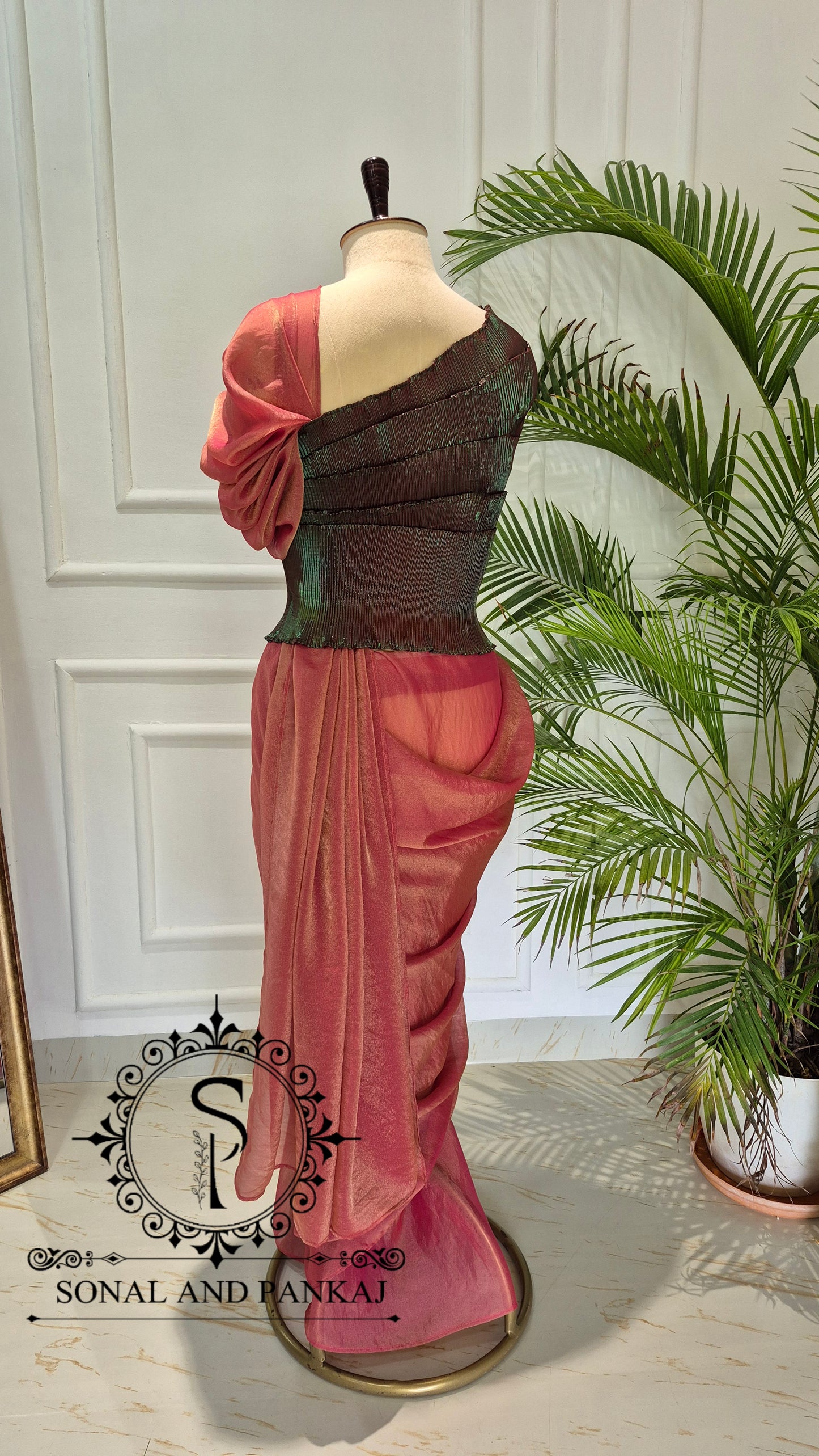 Desi Girl Vibe - Metallic Bronze & Jade Green Pre-pleated Saree - SA01806