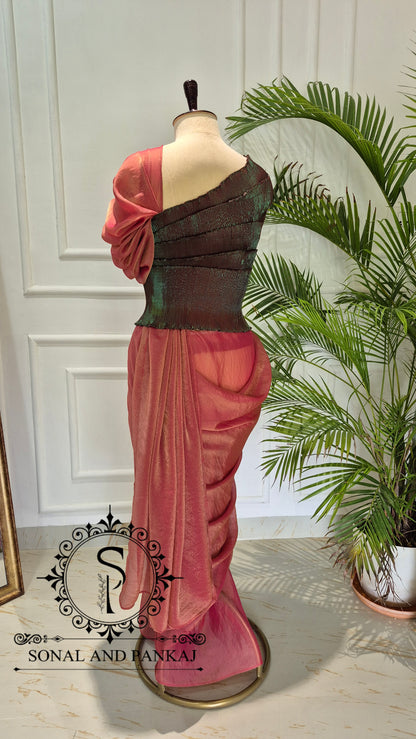 Desi Girl Vibe - Metallic Bronze & Jade Green Pre-pleated Saree - SA01806
