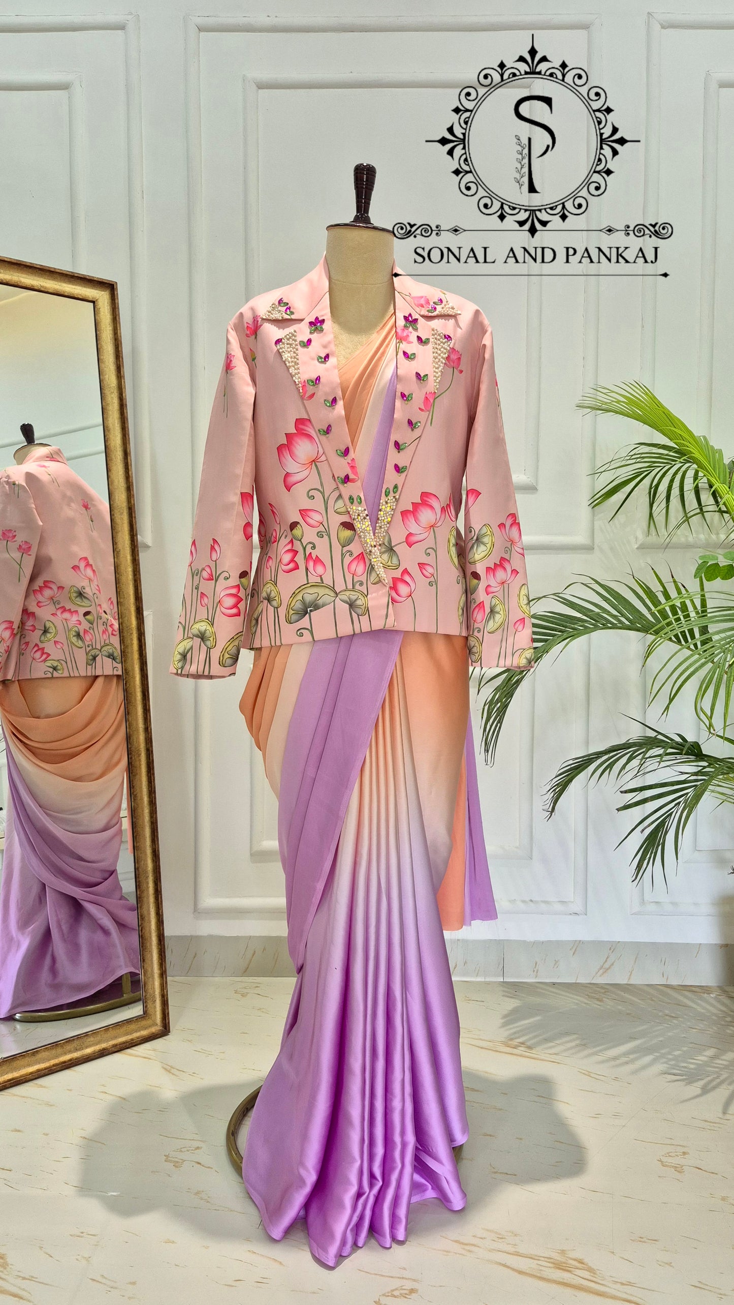 Signature Peach Pichwai Jacket With Ombre Saree - SA01812