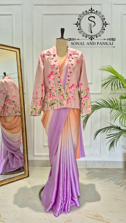 Signature Peach Pichwai Jacket With Ombre Saree - SA01812