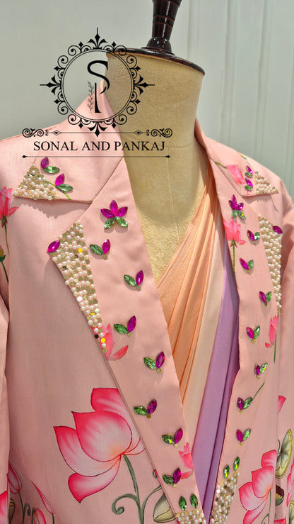 Signature Peach Pichwai Jacket With Ombre Saree - SA01812