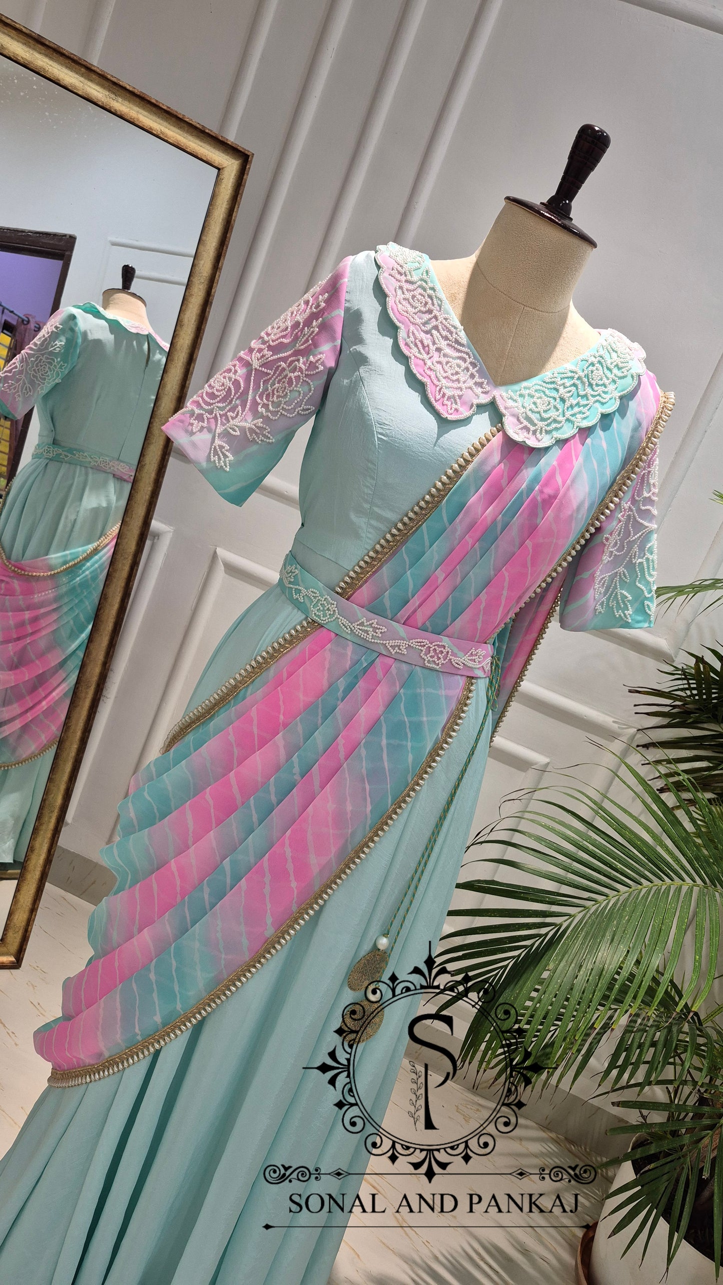 Aqua & Lotus Pink Hand Embroidered Ready To Wear Gown Saree - SA01816