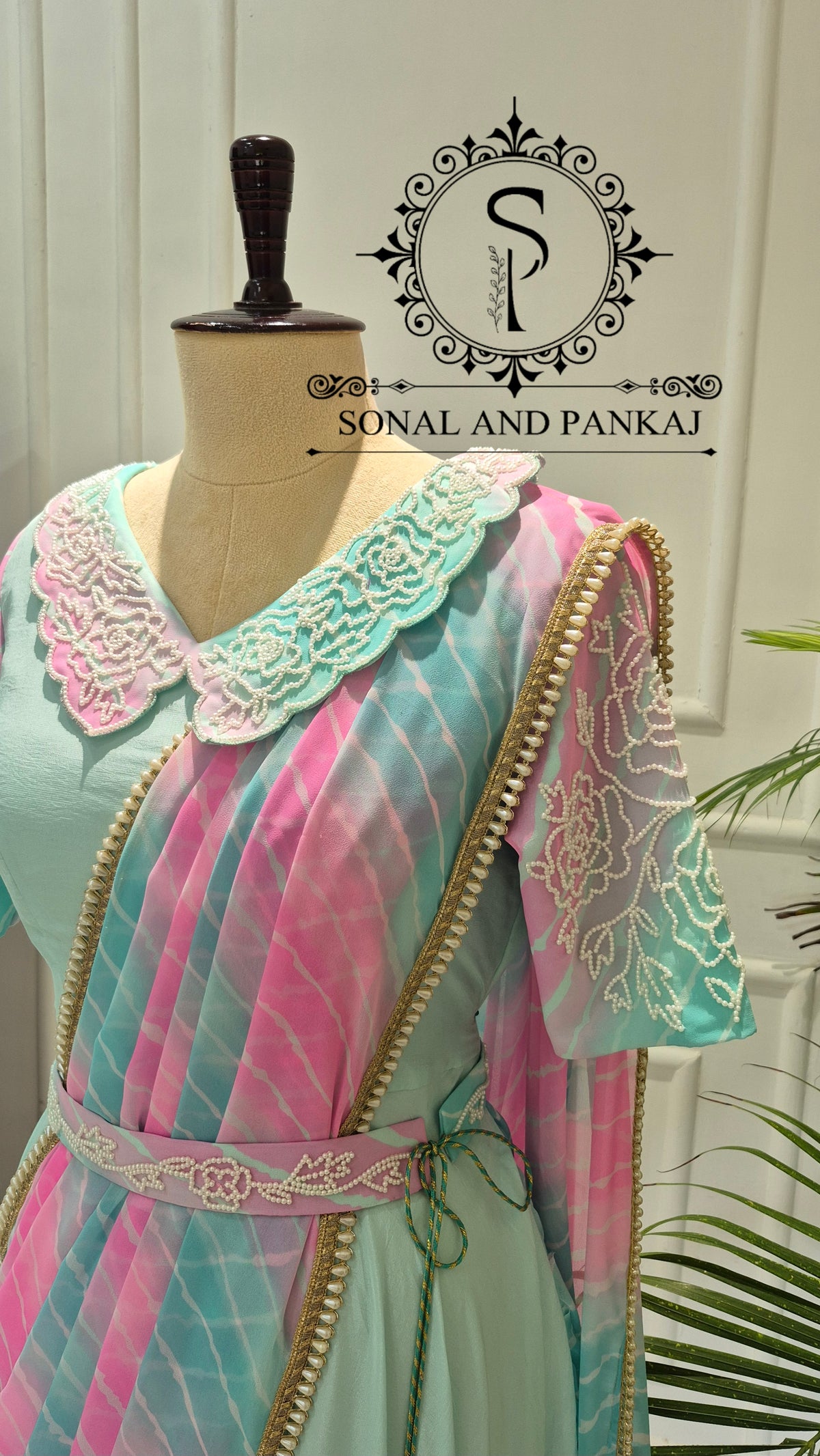 Aqua & Lotus Pink Hand Embroidered Ready To Wear Gown Saree - SA01816