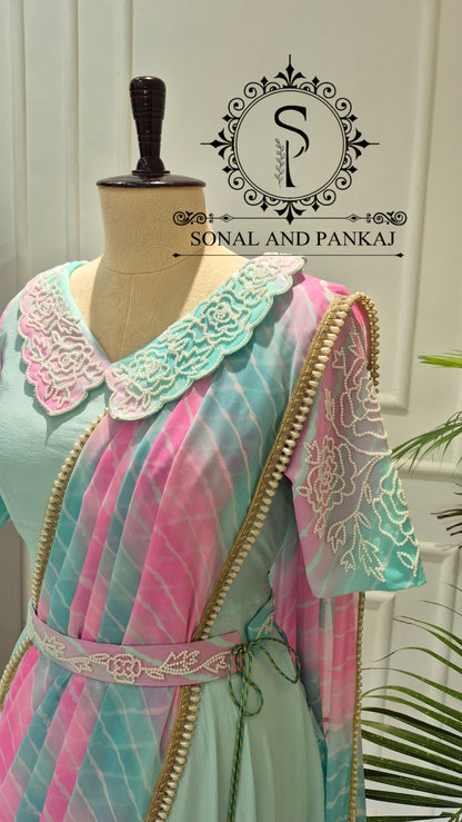 Aqua & Lotus Pink Hand Embroidered Ready To Wear Gown Saree - SA01816
