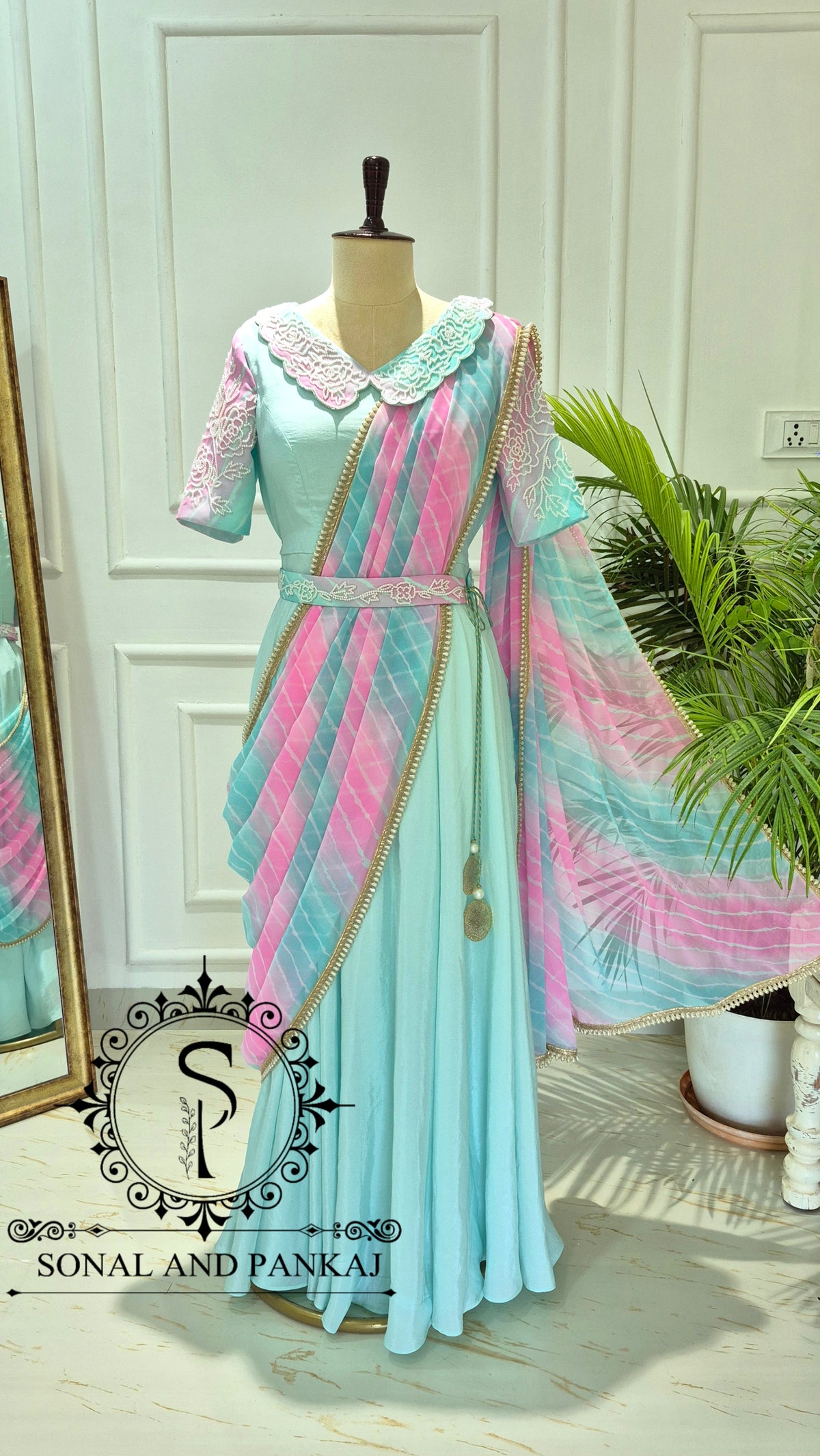 Aqua & Lotus Pink Hand Embroidered Ready To Wear Gown Saree - SA01816