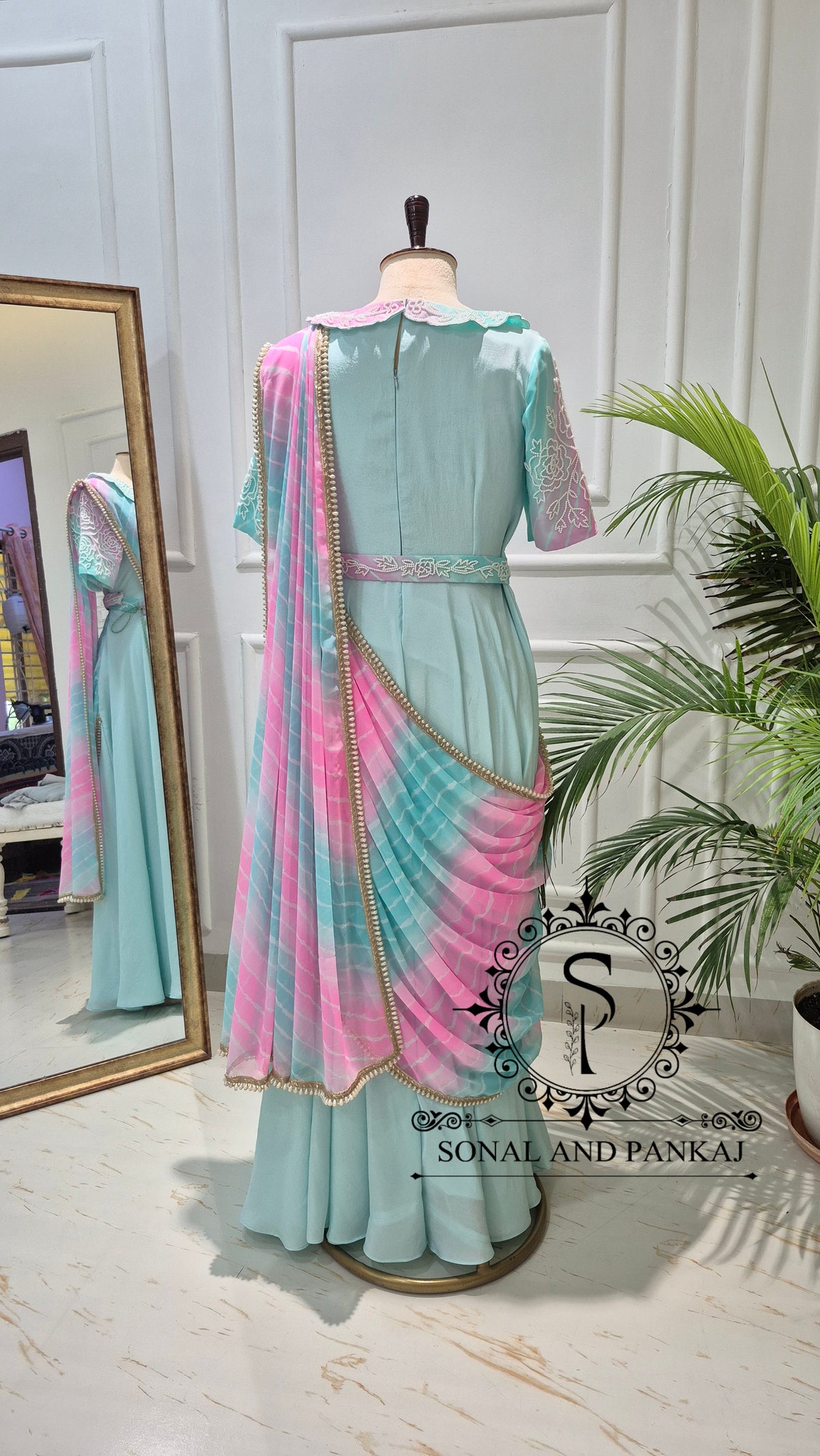 Aqua & Lotus Pink Hand Embroidered Ready To Wear Gown Saree - SA01816