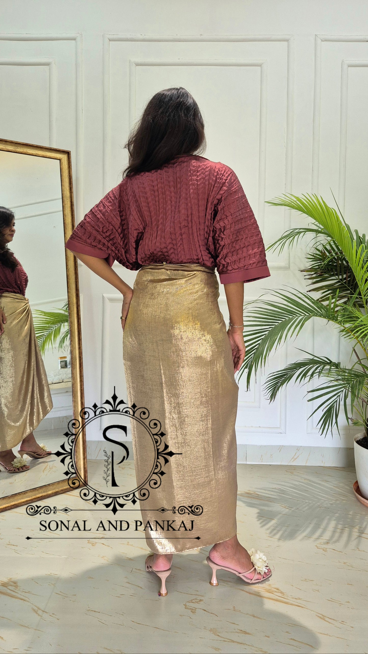 The Marsala Pleated Kaftan & Golden Twist & Tie Co-Ord - CO01819