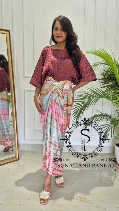 The Marsala Pleated Kaftan Top  & Shibori Twist & Tie Co-Ord - CO01818
