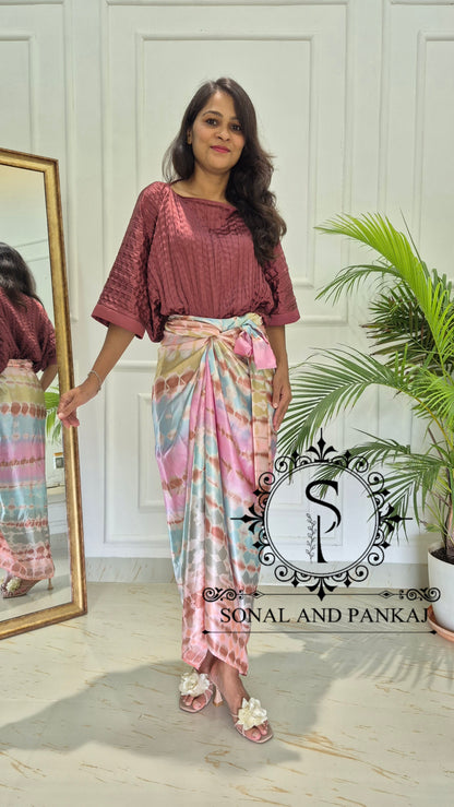 The Marsala Pleated Kaftan Top  & Shibori Twist & Tie Co-Ord - CO01818