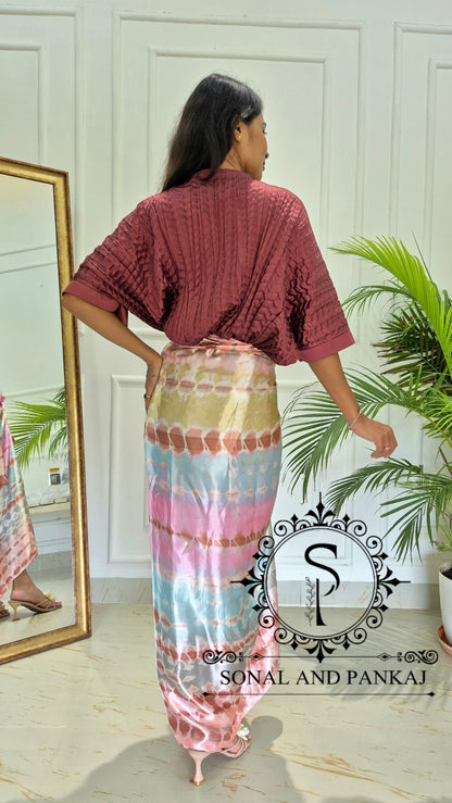 The Marsala Pleated Kaftan Top  & Shibori Twist & Tie Co-Ord - CO01818