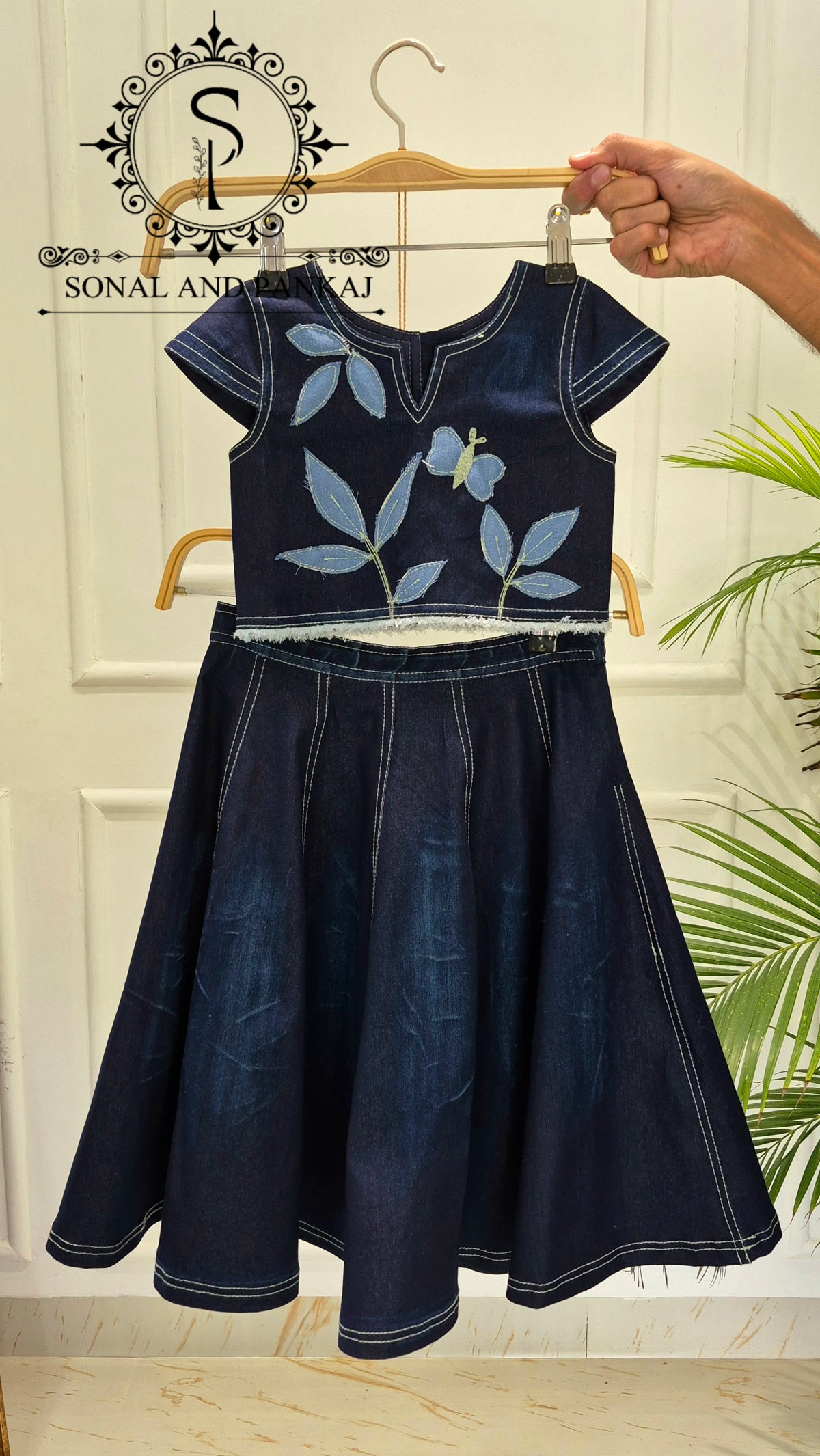 The Little Blue Oasis Applique Denim Lehenga - KD01823