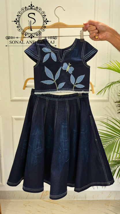 The Little Blue Oasis Applique Denim Lehenga - KD01823