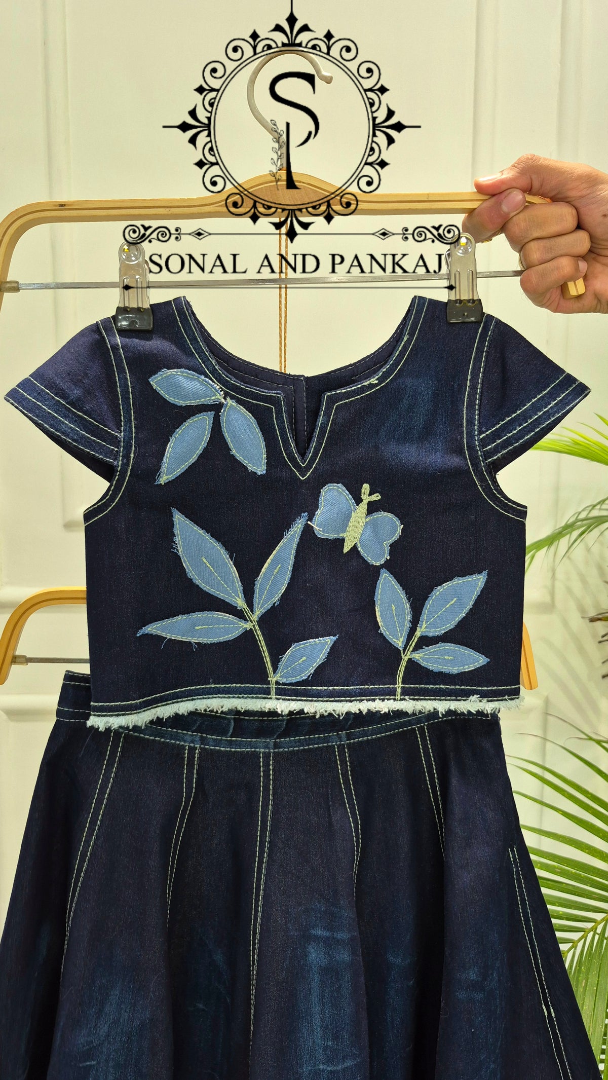 The Little Blue Oasis Applique Denim Lehenga - KD01823