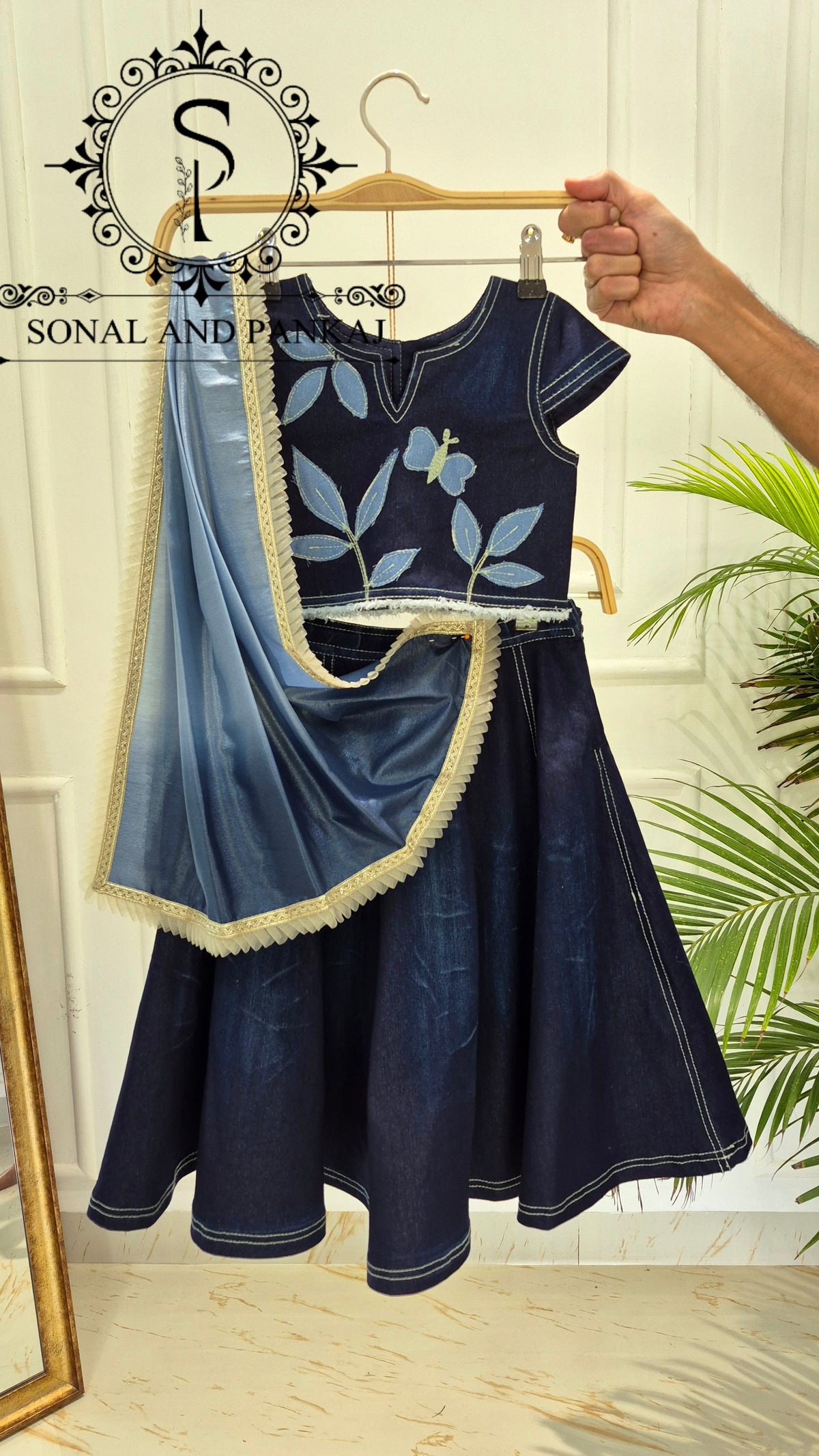 The Little Blue Oasis Applique Denim Lehenga - KD01823