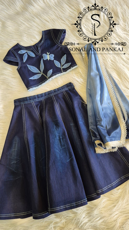 The Little Blue Oasis Applique Denim Lehenga - KD01823