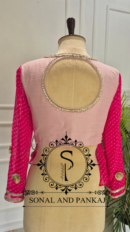 Fuchsia & Floral Peach Peplum Blouse & Saree - SA01830