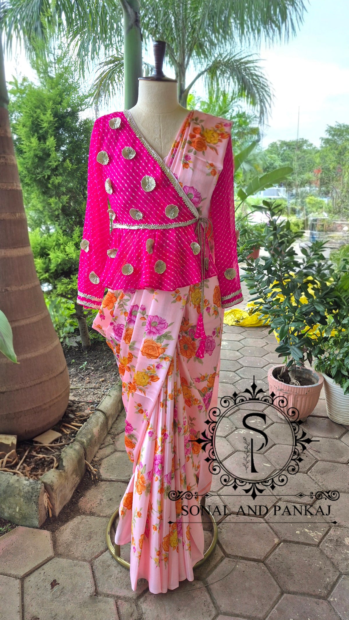 Fuchsia & Floral Peach Peplum Blouse & Saree - SA01830