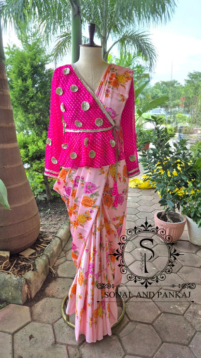 Fuchsia & Floral Peach Peplum Blouse & Saree - SA01830