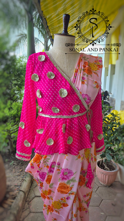 Fuchsia & Floral Peach Peplum Blouse & Saree - SA01830