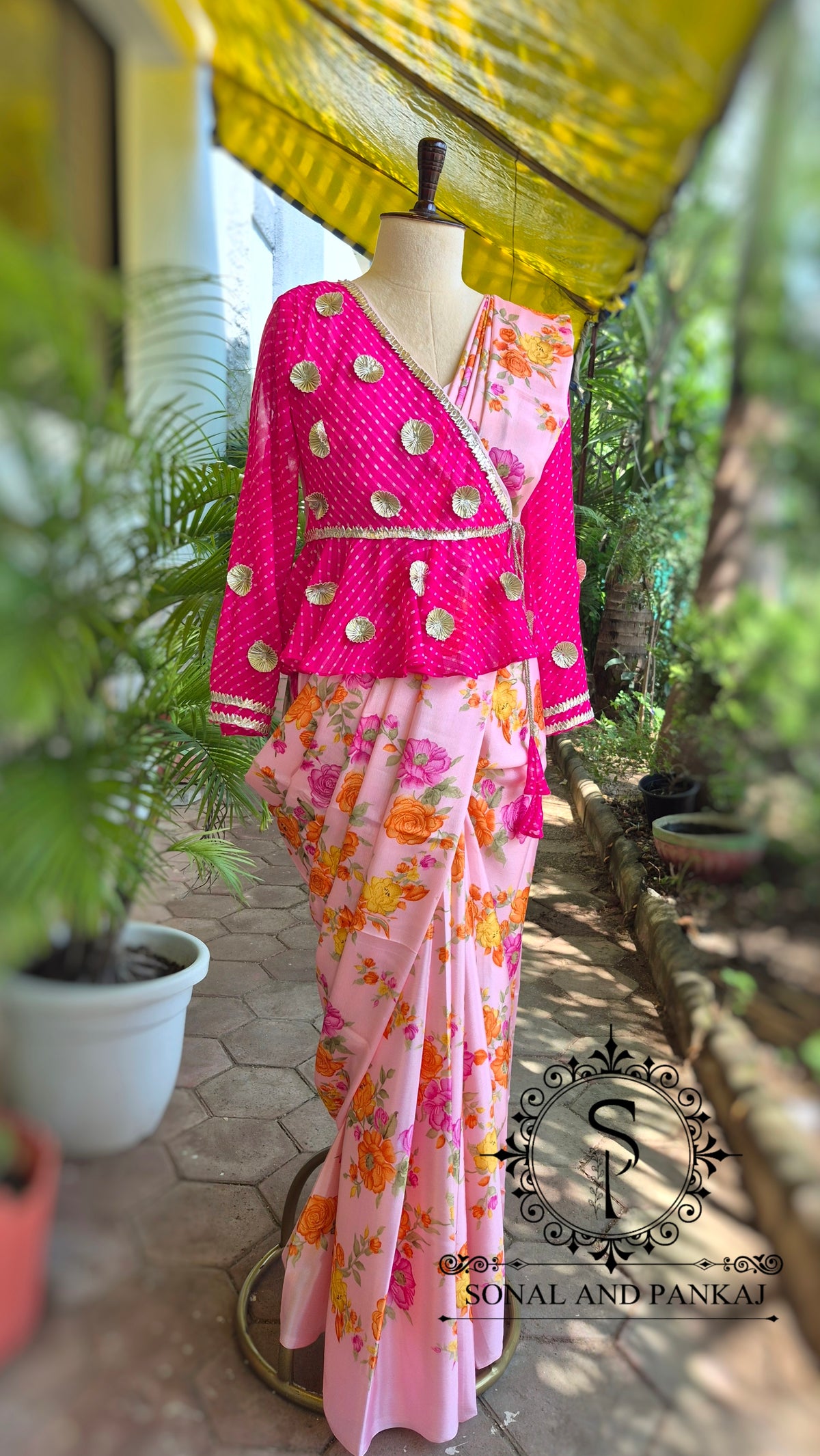 Fuchsia & Floral Peach Peplum Blouse & Saree - SA01830