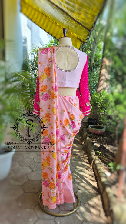 Fuchsia & Floral Peach Peplum Blouse & Saree - SA01830