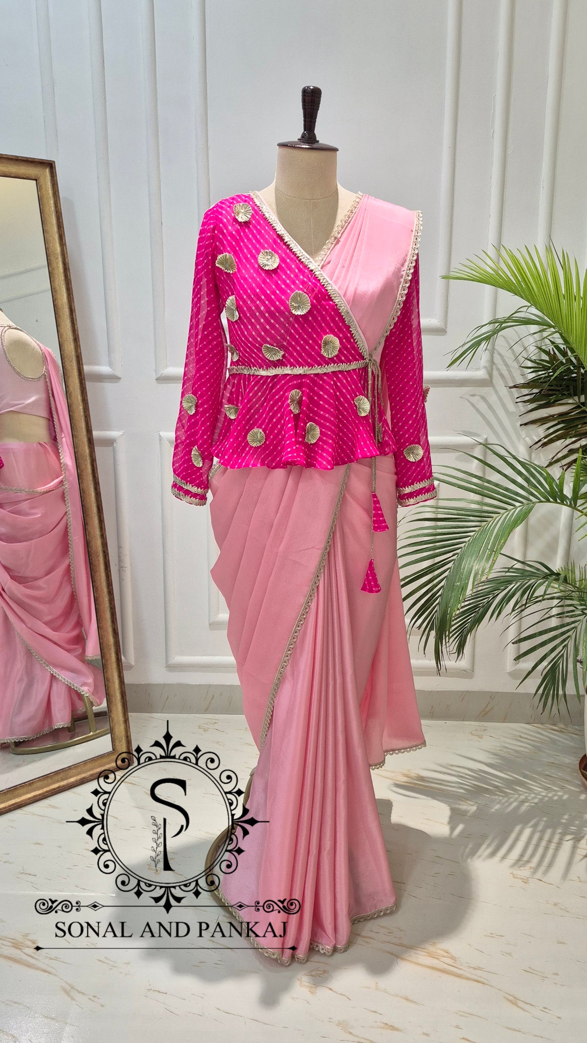 Fuchsia & Blush Mothra Peplum Blouse & Saree - SA01829