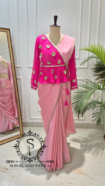 Fuchsia & Blush Mothra Peplum Blouse & Saree - SA01829