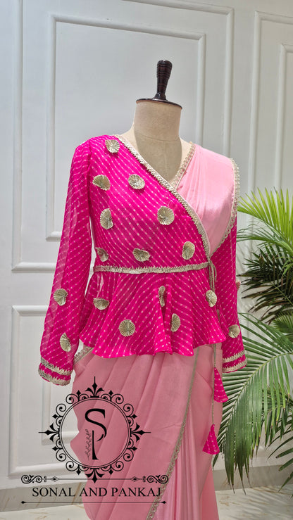 Fuchsia & Blush Mothra Peplum Blouse & Saree - SA01829
