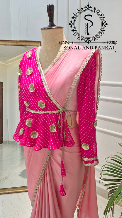 Fuchsia & Blush Mothra Peplum Blouse & Saree - SA01829