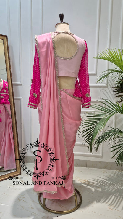 Fuchsia & Blush Mothra Peplum Blouse & Saree - SA01829
