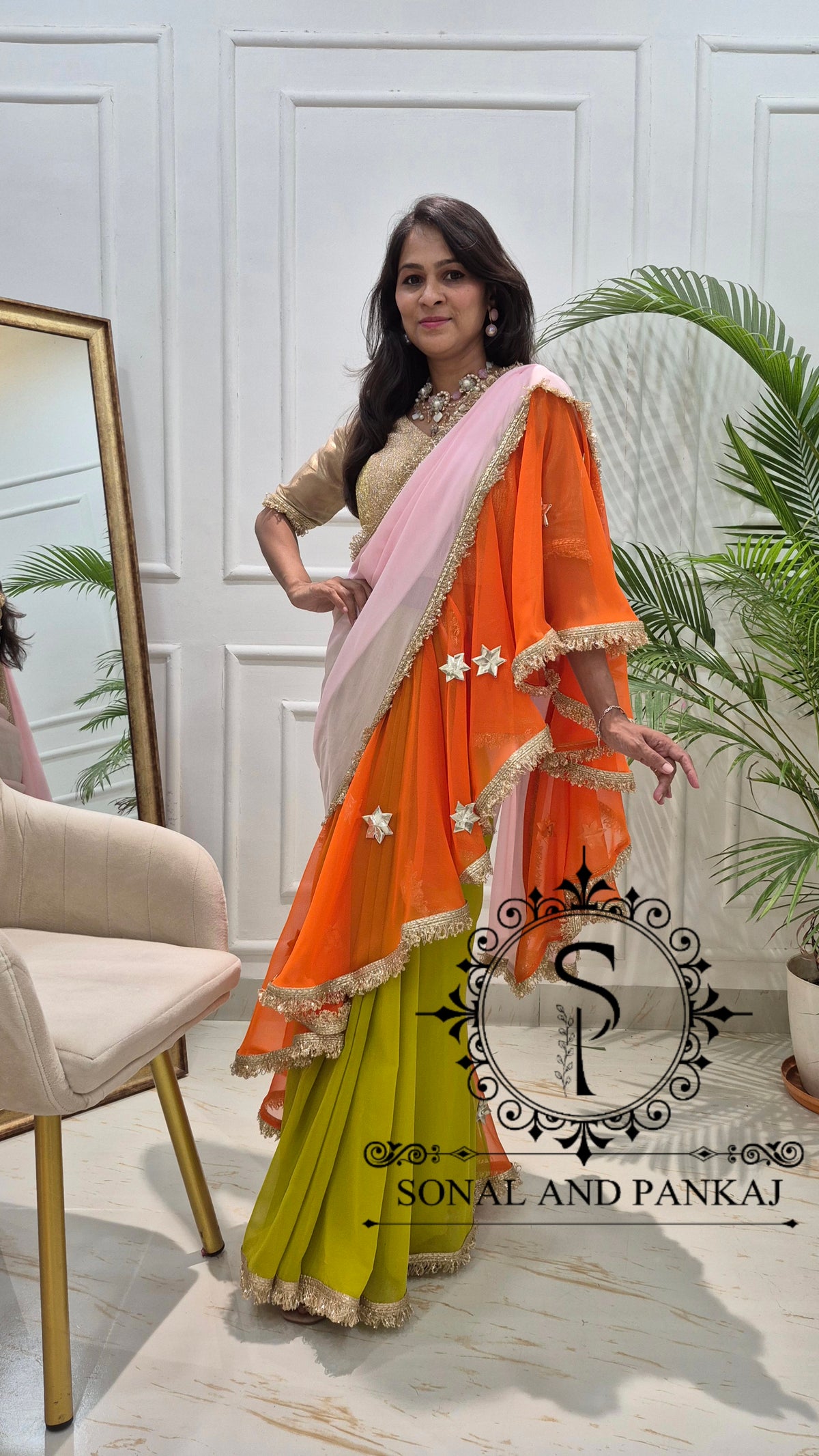 The Phuljhadi Ruffle Drape - SA01849(Baby Pink & Orange)