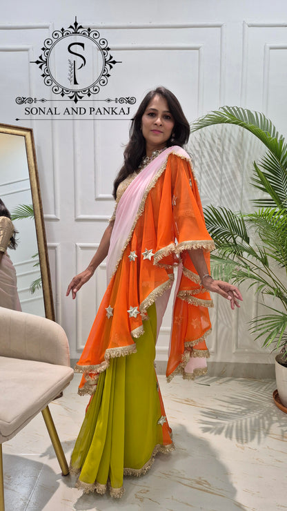 The Phuljhadi Ruffle Drape - SA01849(Baby Pink & Orange)