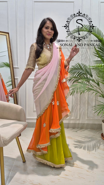 The Phuljhadi Ruffle Drape - SA01849(Baby Pink & Orange)