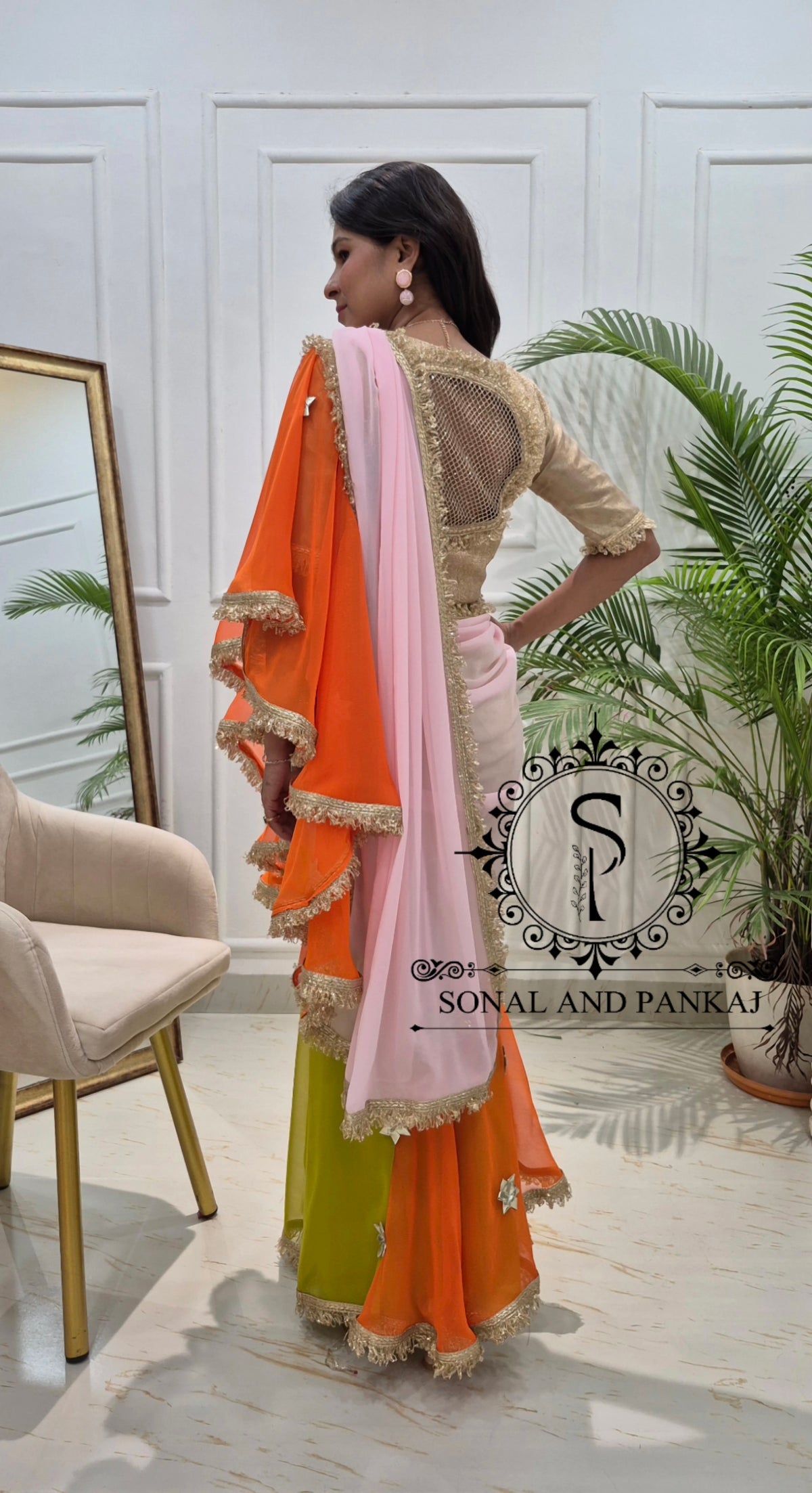 The Phuljhadi Ruffle Drape - SA01849(Baby Pink & Orange)