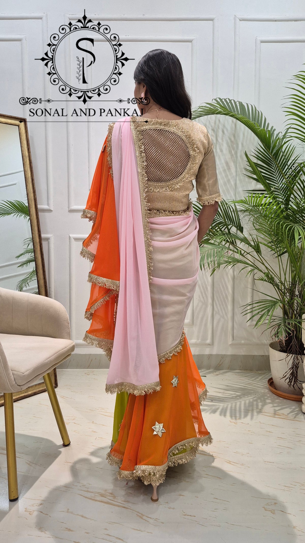 The Phuljhadi Ruffle Drape - SA01849(Baby Pink & Orange)
