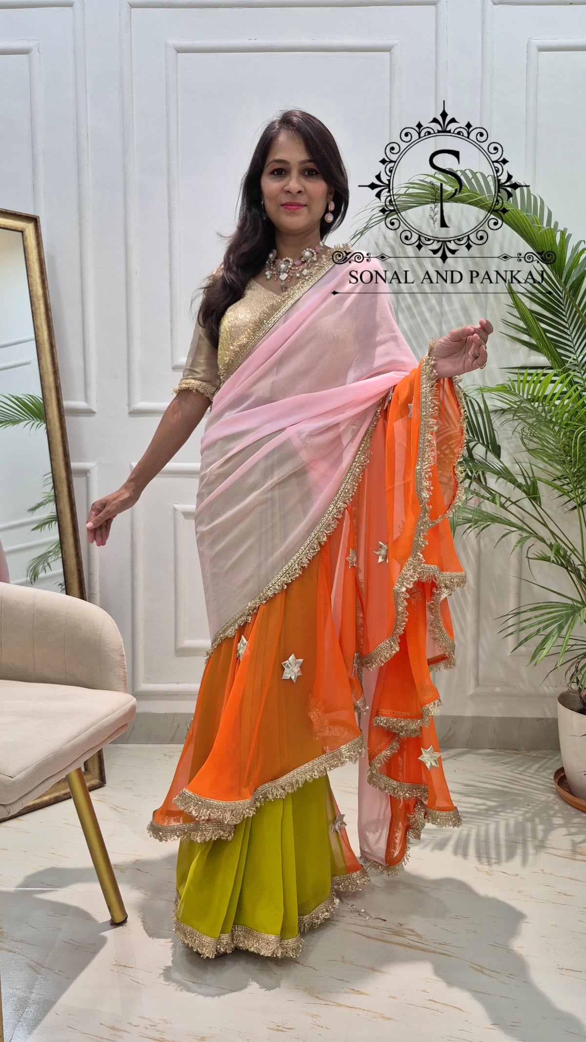 The Phuljhadi Ruffle Drape - SA01849(Baby Pink & Orange)