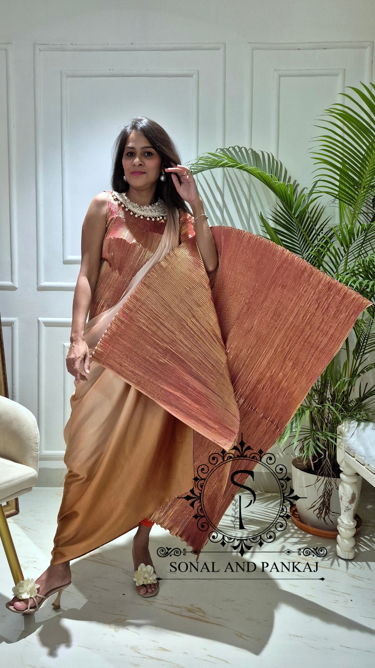 Toasted Caramel Metallic Pleated Resort Wear Kaftan With Cowl Cape - RW01852