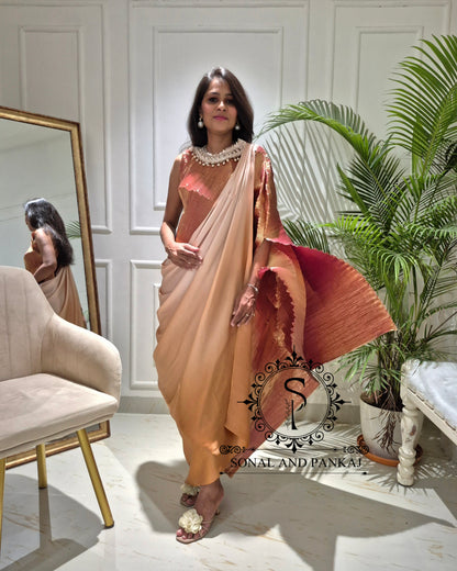 Toasted Caramel Metallic Pleated Resort Wear Kaftan With Cowl Cape - RW01852