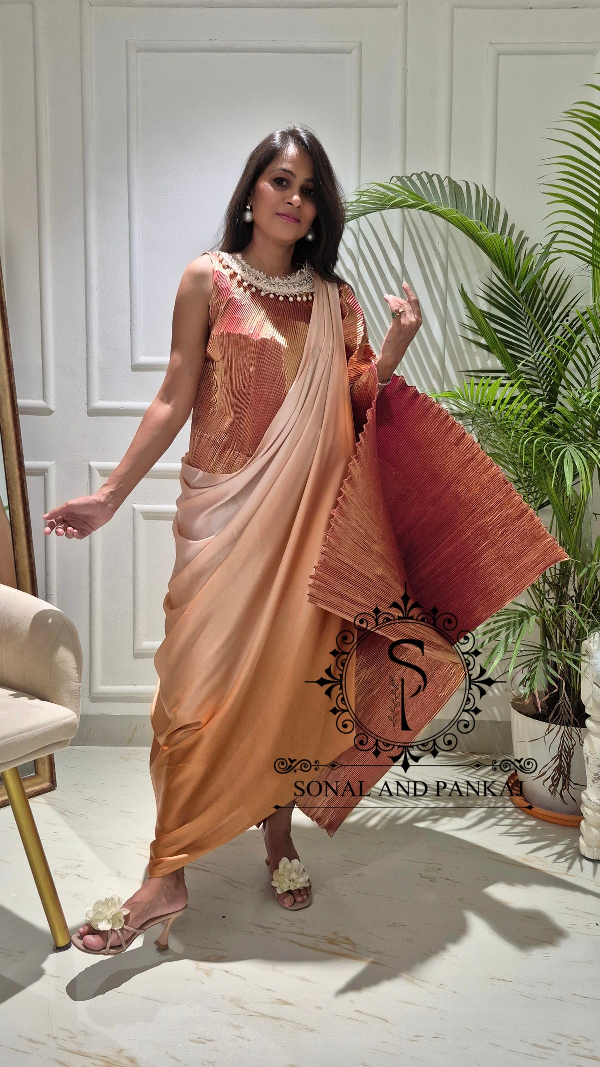 Toasted Caramel Metallic Pleated Resort Wear Kaftan With Cowl Cape - RW01852