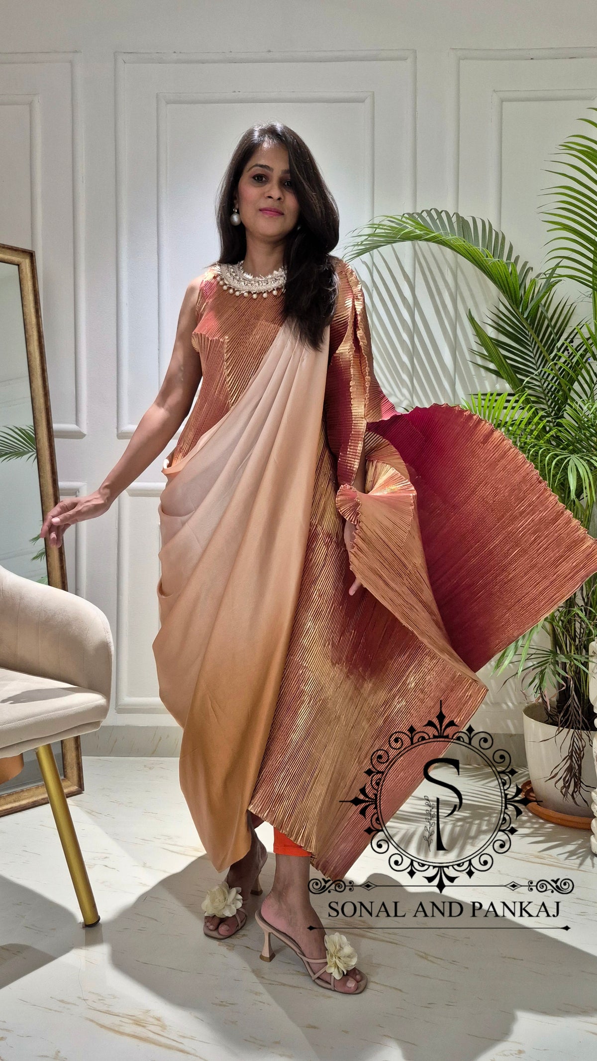 Toasted Caramel Metallic Pleated Resort Wear Kaftan With Cowl Cape - RW01852