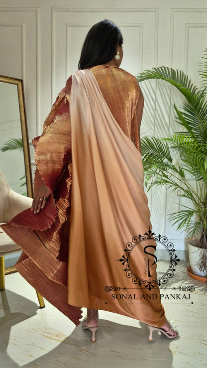 Toasted Caramel Metallic Pleated Resort Wear Kaftan With Cowl Cape - RW01852