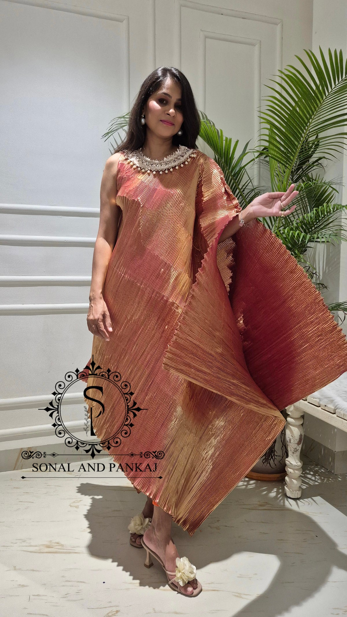 Toasted Caramel Metallic Pleated Resort Wear Kaftan With Cowl Cape - RW01852