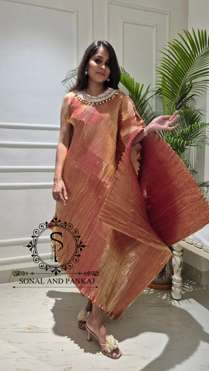 Toasted Caramel Metallic Pleated Resort Wear Kaftan With Cowl Cape - RW01852