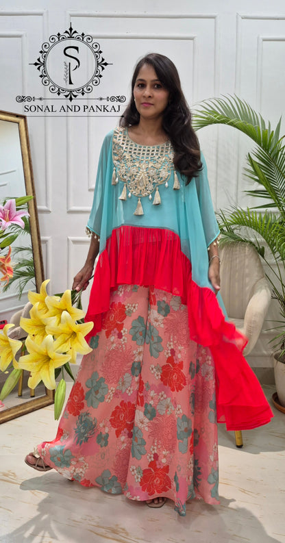Miraya Sharara with Ruffle Cape Top On Sale - RW01862(Turquoise & Coral)