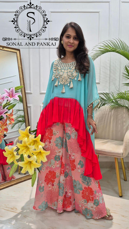 Miraya Sharara with Ruffle Cape Top On Sale - RW01862(Turquoise & Coral)