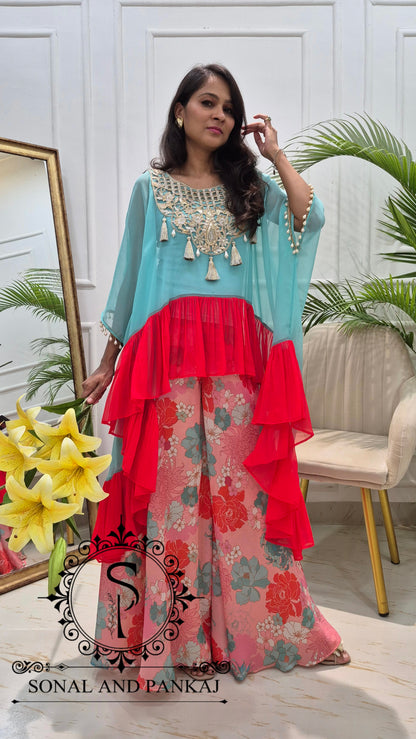 Miraya Sharara with Ruffle Cape Top On Sale - RW01862(Turquoise & Coral)