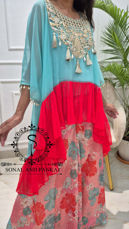 Miraya Sharara with Ruffle Cape Top On Sale - RW01862(Turquoise & Coral)