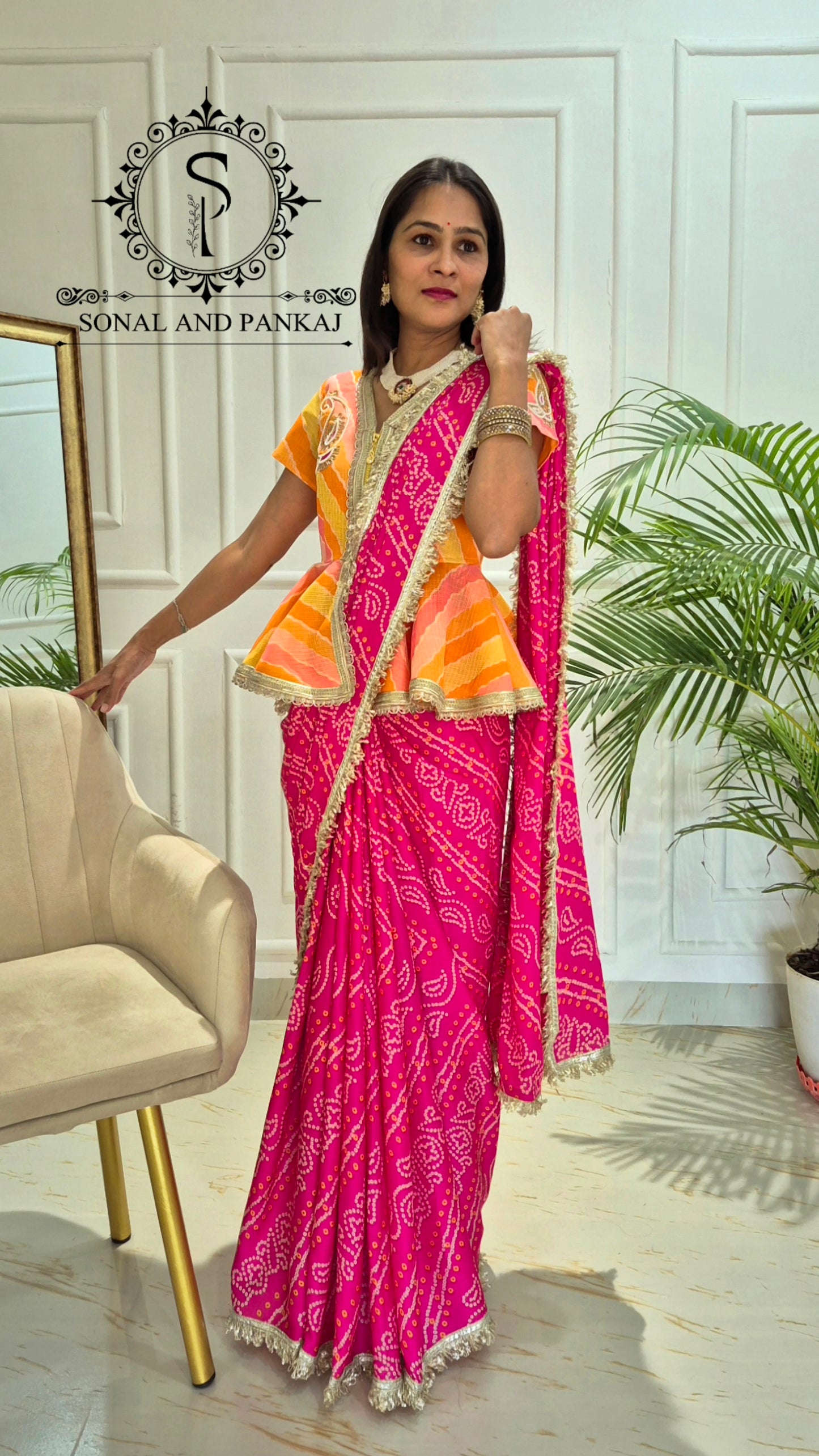 Gotta Patti Hand Embroidered Shaded Peplum Style Top & Bandhani Print Saree - SA01616