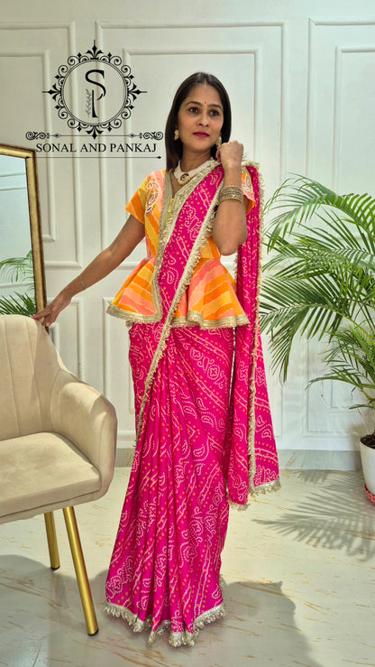 Gotta Patti Hand Embroidered Shaded Peplum Style Top & Bandhani Print Saree - SA01616